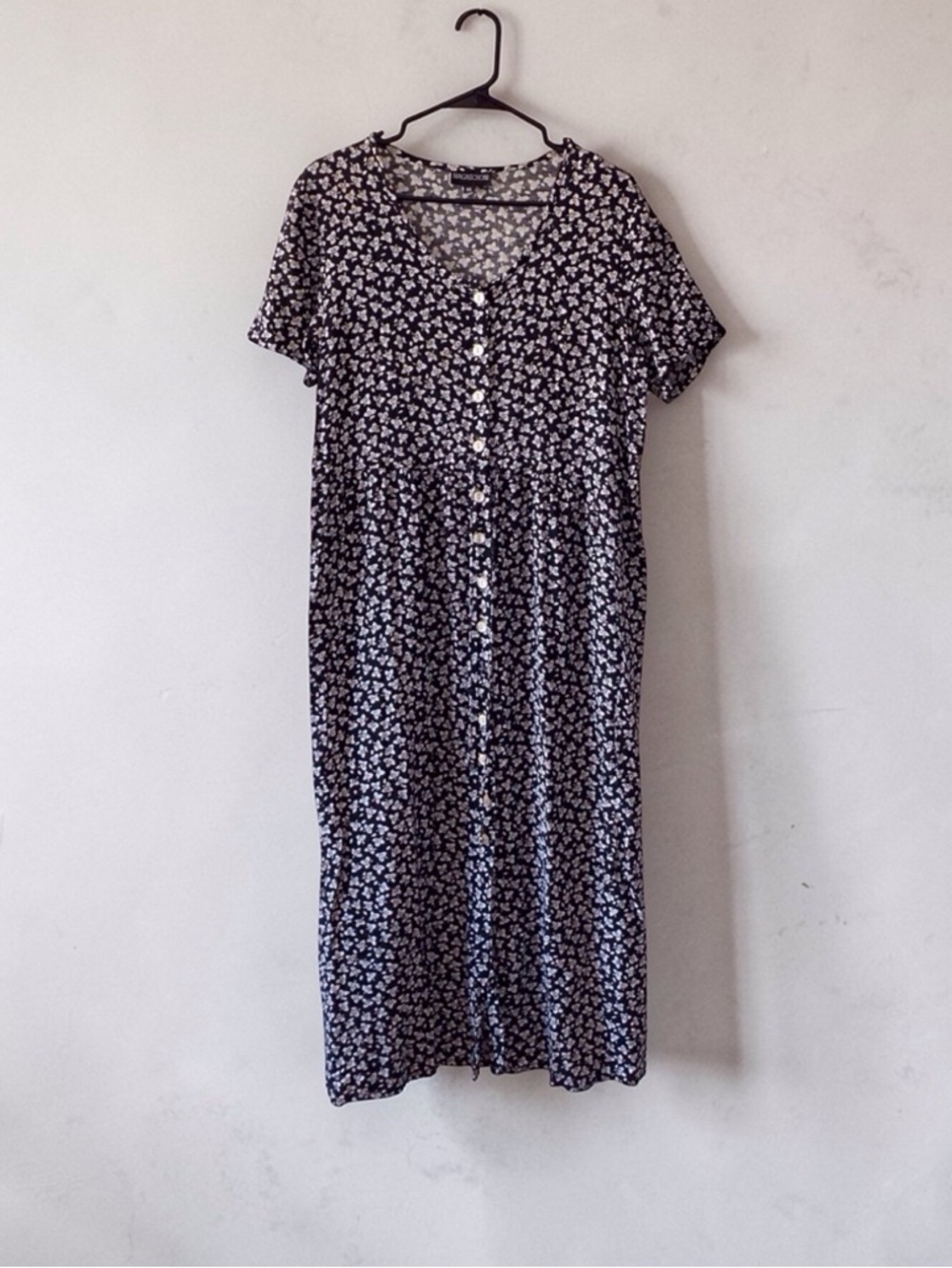 Magaschoni Black White Ditsy Floral Button Front Midi Dress Short Sleeve XL - Picture 7 of 13